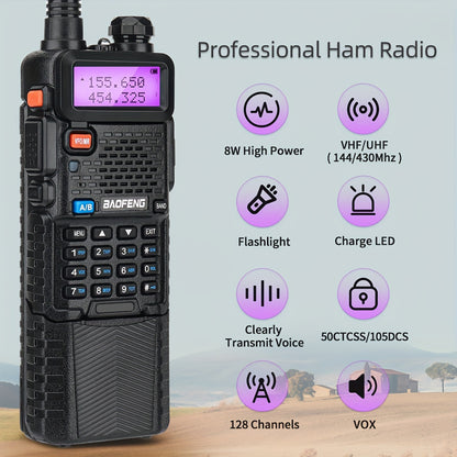 Baofeng 8W High Power Amateur Radio Full Set - Dual Band VHF/UHF Walkie Talkie with 3800mAh, AR-771 High Gain Antenna & Headphone System, Long Range Two-Way Radio for Ham Operators,, Emergency, ()