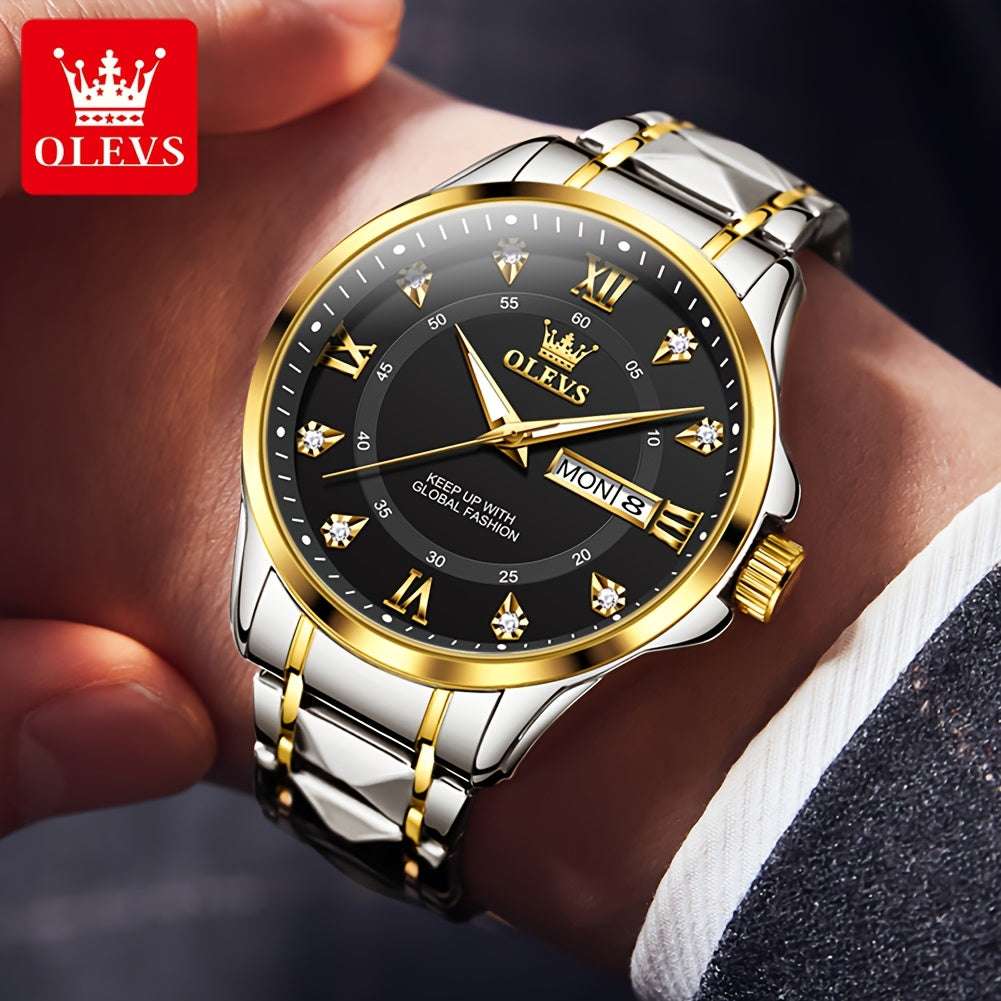 OLEVS Men's Luxury Business Chronograph Watch - Stainless Steel Dual Date & Day Calendar, Luminous Hands, Quartz Movement, Black Dial with Golden Accents for Formal & Casual Wear, Professional Timepiece, Sophisticated Style,