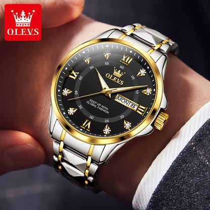OLEVS Men's Luxury Business Chronograph Watch - Stainless Steel Dual Date & Day Calendar, Luminous Hands, Quartz Movement, Black Dial with Golden Accents for Formal & Casual Wear, Professional Timepiece, Sophisticated Style,