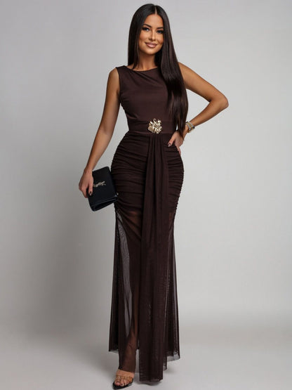Backless Sleeveless Bodycon Evening Dress - Coffee Color Metallic Floral Pleated Mesh Slit Maxi Skirt Dress Suitable for Dinner Dates, Weddings, Prom, Spring Summer Outfits, Machine Washable Elegant Dress