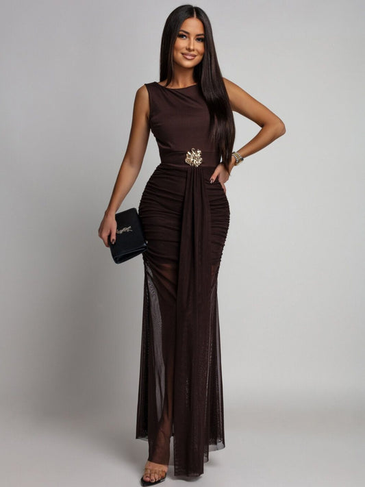 Backless Sleeveless Bodycon Evening Dress - Coffee Color Metallic Floral Pleated Mesh Slit Maxi Skirt Dress Suitable for Dinner Dates, Weddings, Prom, Spring Summer Outfits, Machine Washable Elegant Dress