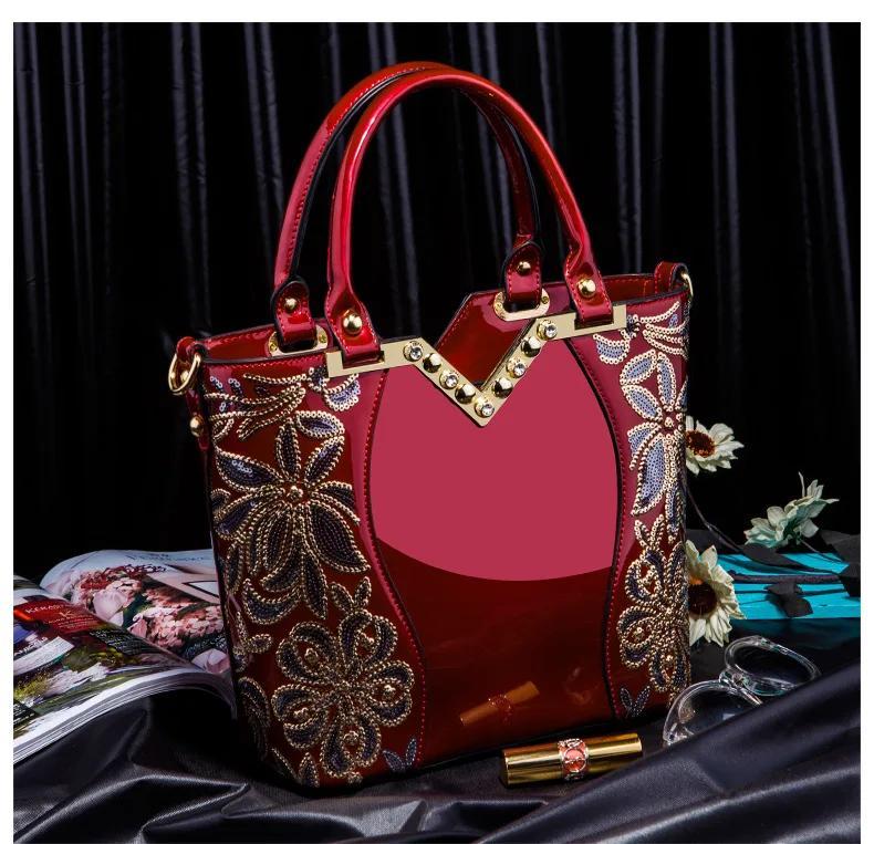 Designer Floral Embroidery Patent Leather Handbag for Women, Large Capacity Shoulder Tote with Zipper Closure, Polyester Lined, Paint Detail, Party Bag