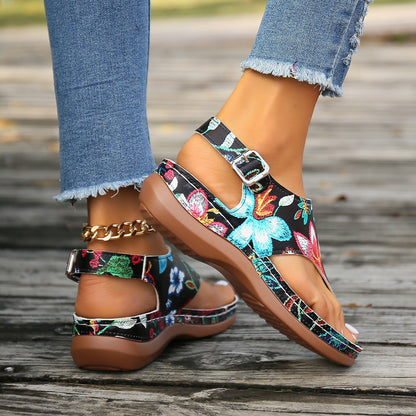 Women'S Plus Size Ethnic Floral Sandals - Adjustable Ankle Strap, Open Toe Platform Wedge Heel, Vibrant Embroidered Flower Design, Summer Casual Shoes, European & American Style, Summer Footwear | Vibrant Embroidery | Durable