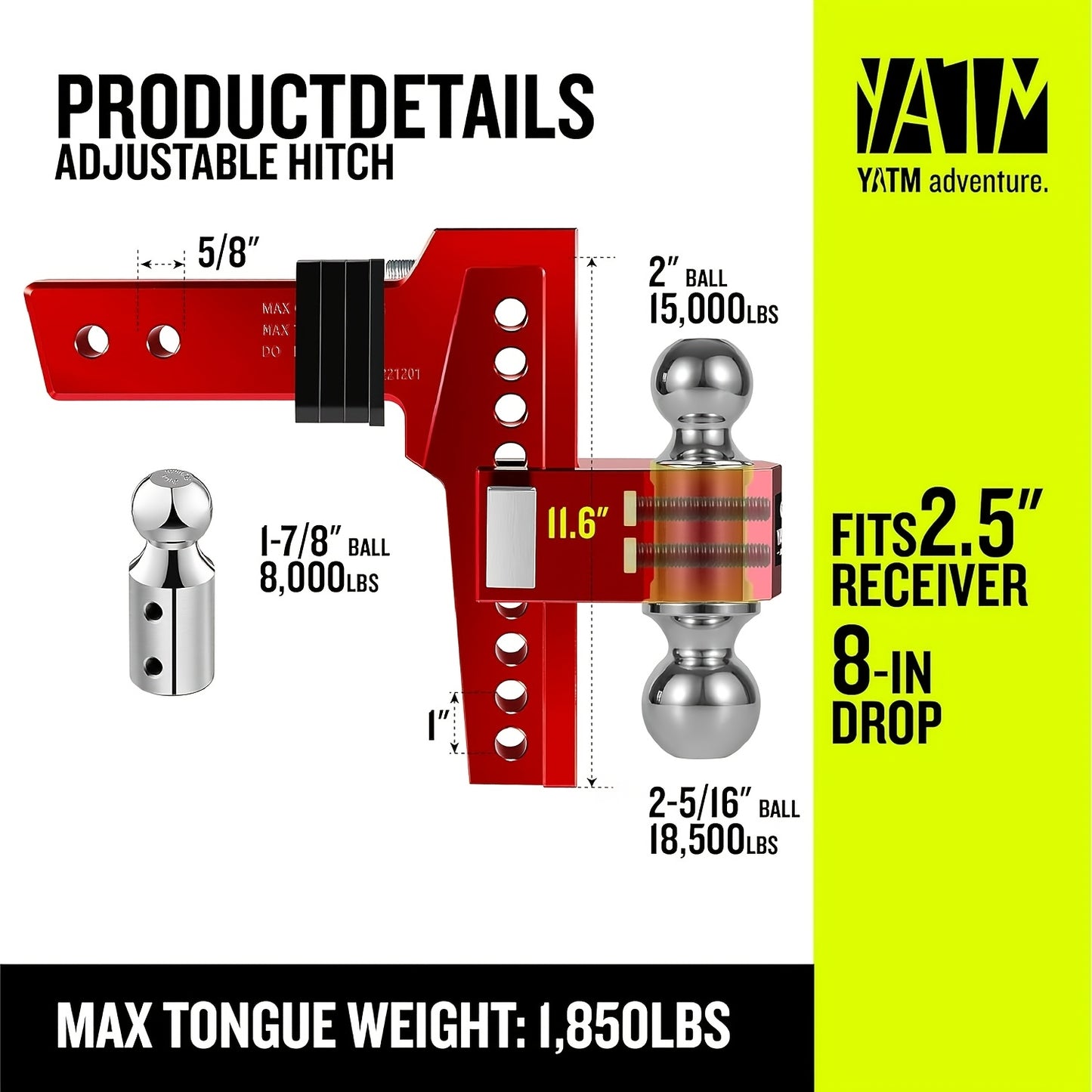 Heavy-Duty Adjustable Trailer Hitch - Fits 2.5" Receiver, 8" Drop/Rise, 1-7/8" & 2" & 2-5/16" Balls, 18, 500 LBS GTW Capacity, Anti-Theft Pin, Aluminum Construction - Compatible with Trucks, RVs, Trailers - Red Hitch for Easy