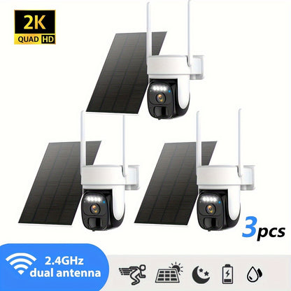 3pcs Solar-Powered Outdoor Security Cameras with AI Motion Detection, 2K HD Surveillance, PTZ (360° Pan-Tilt-Zoom), Color Night Vision, Two-Way Audio, Wireless WiFi, Solar Panel, High Quality, for Home/Business/Outdoor/Drive