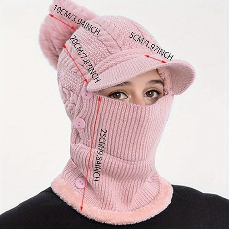 1x Winter Women's Pullover Ear Warmer Hat, Scarf Mask Combo Warm Thick Skull Ski Cap, Head And Neck Warmth, Ear And Face Warmer, Winter Scarf Mask Combo, Ear Warmer Hat, Cable Pattern, Slouchy Fit, Hand Wash Care, Thick Fleec