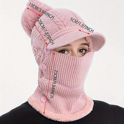 1x Winter Women's Pullover Ear Warmer Hat, Scarf Mask Combo Warm Thick Skull Ski Cap, Head And Neck Warmth, Ear And Face Warmer, Winter Scarf Mask Combo, Ear Warmer Hat, Cable Pattern, Slouchy Fit, Hand Wash Care, Thick Fleec