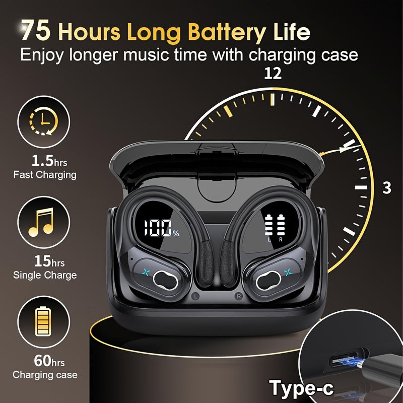 2025 New HD65 Endurance Wireless Headphones Aptkdoe Sports Cordless Headphones, Wireless 5.3 Headphones, 50H Stereo HD Microphone, LED Display, Sports/running Hook Cordless Headphones, Long Life, Intelligent Noise Reduction