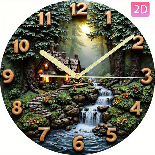 2D Flat, Forest Cottage Waterfall Theme Design, A Creative Pattern Fashionable Wall Clock, Artistic Decoration Silent Quiet Clock, Suitable for Living Room, Bedroom, Home, Office, Kitchen Decoration, Festival Decoration Clock