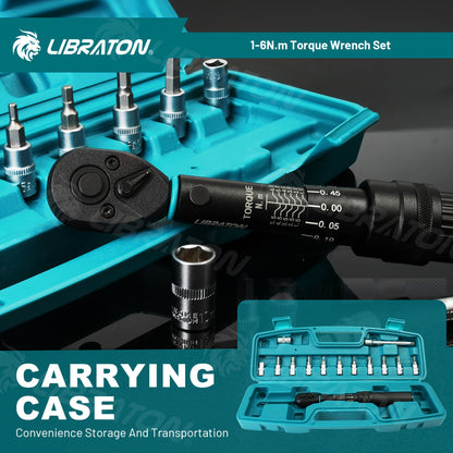 LIBRATON 1/4'' Torque Wrench Set, 1-6Nm Suitable for Bike, 0.05Nm Micro Drive Click Torque Wrench Set, Bicycle Maintenance Kit with Hex, Torx/Star Bit Sockets, Extension Bar Kit, Gift for Boyfriend, Dad, for Man