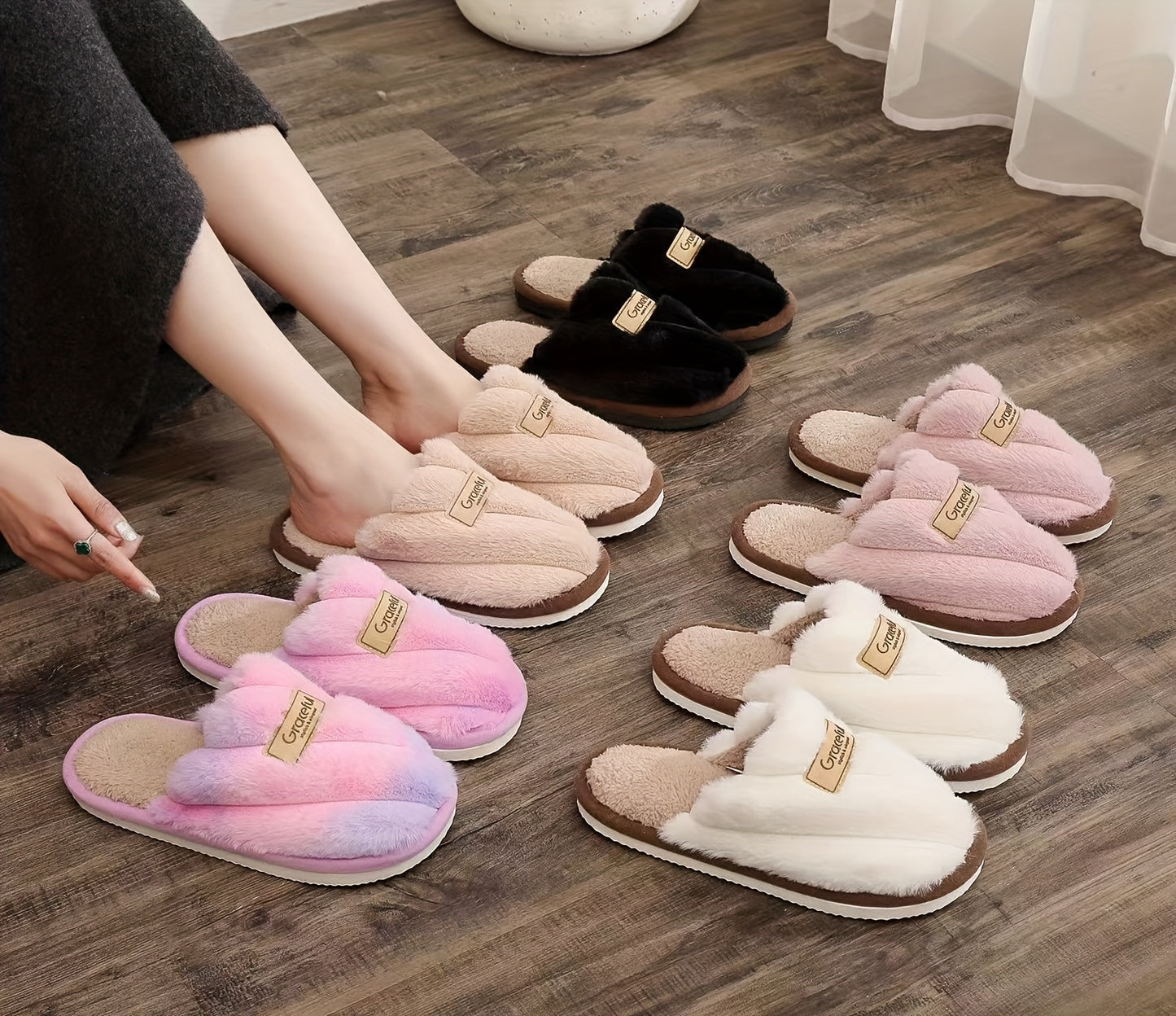 Women's Winter Plush House Slippers - Cozy Indoor/Outdoor Moccasins with Soft & Non-Slip PVC Sole, Beige/Black/Pink/Brown/ - Cushioned Warmth for Home, Hotel, Spa - Easy-Care Fabric Upper (No Maintenance)