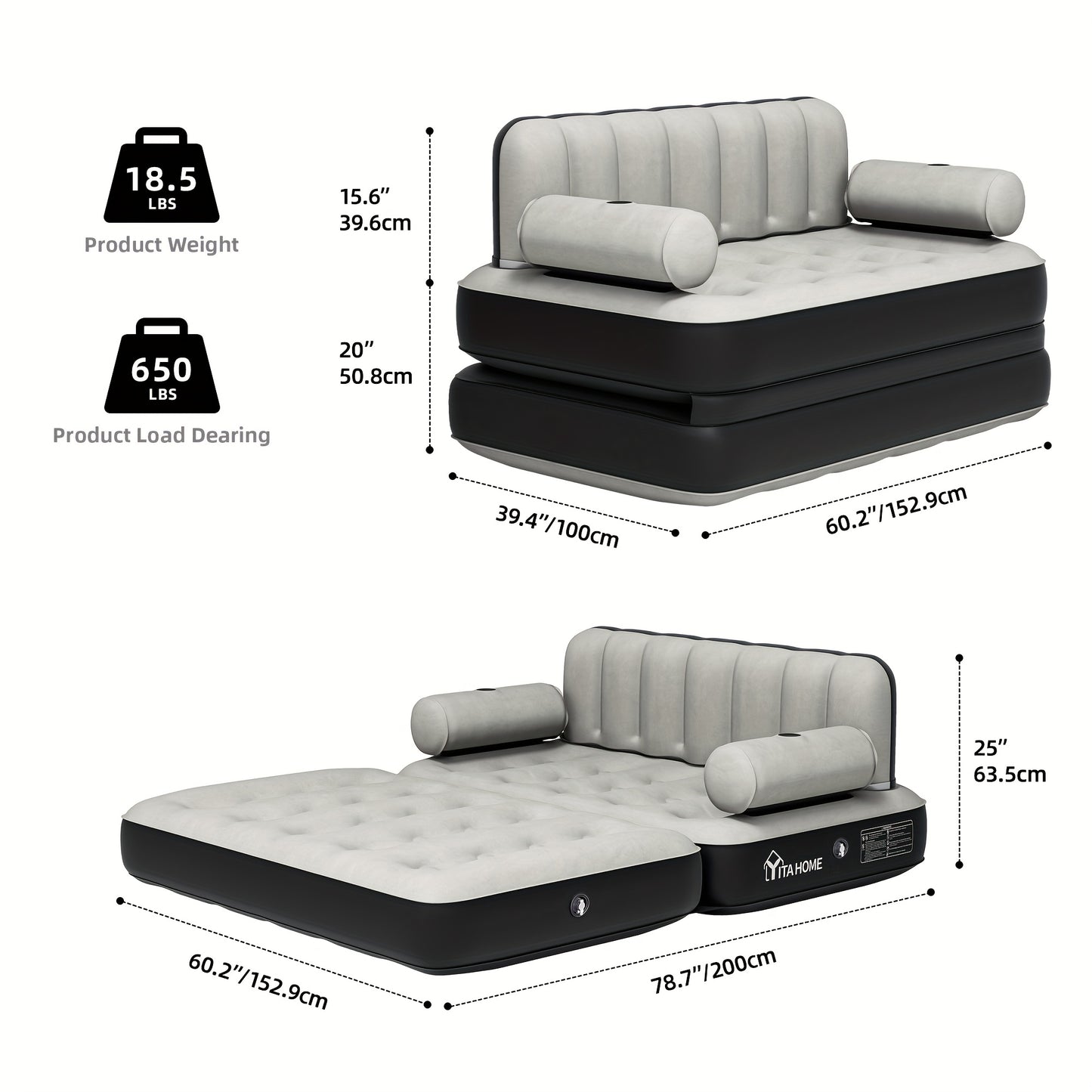 Inflatable Air Sofa Bed 2-in-1 Backrest Couch Airbed W/Headboard And External Pump, Portable Convertible Blow Up Bed Mattress W/Storage Bag, Sofa W/Build-in Cup Holders Arm, For Home, Outdoor Camping And Guests, Living Room F