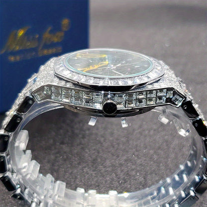 Automatic Hollow Mechanical Watch Men'S Tourbillon Mechanical Watch Luxury All Rhinest Glass Transparent Bottom Men'S Watch Gift, Without Battery