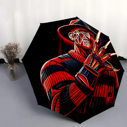 Horror Character 3 Theme Automatic Folding Umbrella 8-Rib Durable Design Windproof Portable Travel Umbrella - Vibrant Red & Black Artwork, Compact for Commuting, Gifts, Commuter Umbrella, Bold Visual Design, Sturdy Iron Ribs