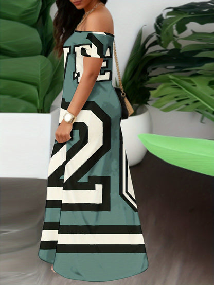 Plus Size, Elegant Off-Shoulder/One-Shoulder Maxi Dress - Teal & White Jersey Print Beach Wedding Guest Dress, Prom Dress, Year-Round Wear - Machine Washable Loose Fit Long Maxi Dress with Shortened headpiece Compatible for c