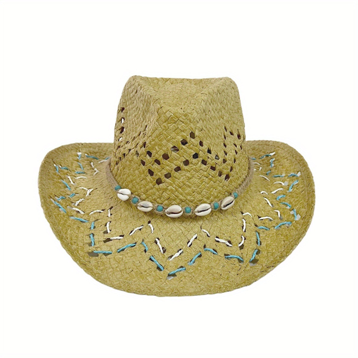 Women Summer Western Cowgirl Hat Bead Belted Wide Brim Straw Beach Cap