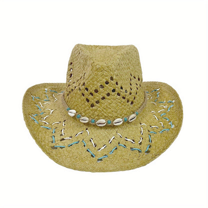 Women Summer Western Cowgirl Hat Bead Belted Wide Brim Straw Beach Cap