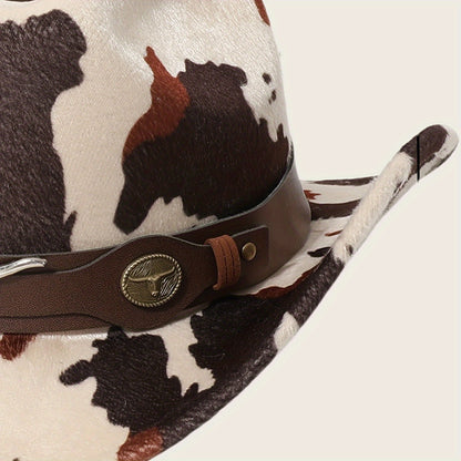 1pc Black Retro Print Wide-Brimmed Cowboy Hat with Anti-Compression Strap & Bull Horns Charm - Durable Non- Material for Outdoor, Camping, BBQ, Street Fashion - Spring/Autumn Western Style