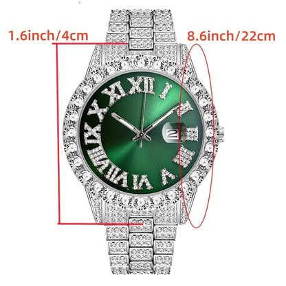 [Men's Watch Set] Luxury Men's Watch Set, Including Artificial Gemstone Bracelet and Cross Necklace, Roman Numeral Watch, Inlaid with Artificial Rhinestones, Perfect Gift for Men, Party Essentials