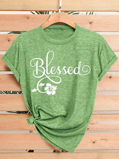 Women's Casual Short Sleeve T-Shirt - Blessed Floral Print Retro Style, Soft Stretch Round Neck Top, Machine Washable All-Season Comfort, Multi-Color Options S-XXL, Ladies T Shirts