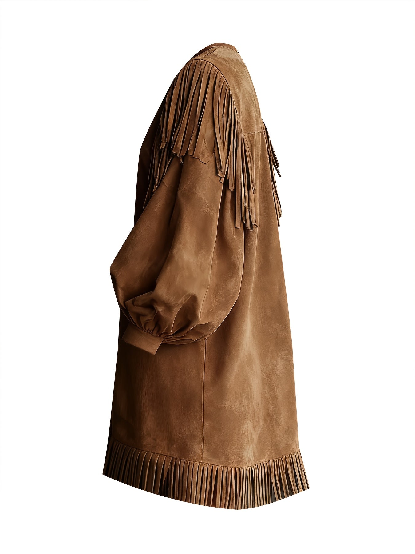American Vintage Fashion Fringe Women's Mini Dress with Round Neck, Lantern Sleeves, and Fringe Hem for Party, Casual, Autumn Street Style, Elegant Special Edition