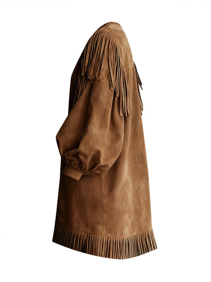 American Vintage Fashion Fringe Women's Mini Dress with Round Neck, Lantern Sleeves, and Fringe Hem for Party, Casual, Autumn Street Style, Elegant Special Edition