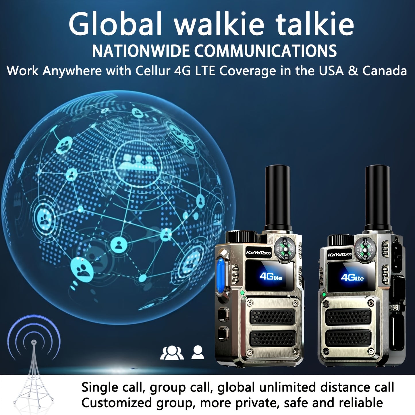 2 Global Walkie-Talkies with Unlimited Range Communication 5000 Kilometers Long-Distance Radio. Three-color Lights Can Be Switched. Compass-style Handheld. PoC Rechargeable. Multi-functional Two-way Communication with High-qu