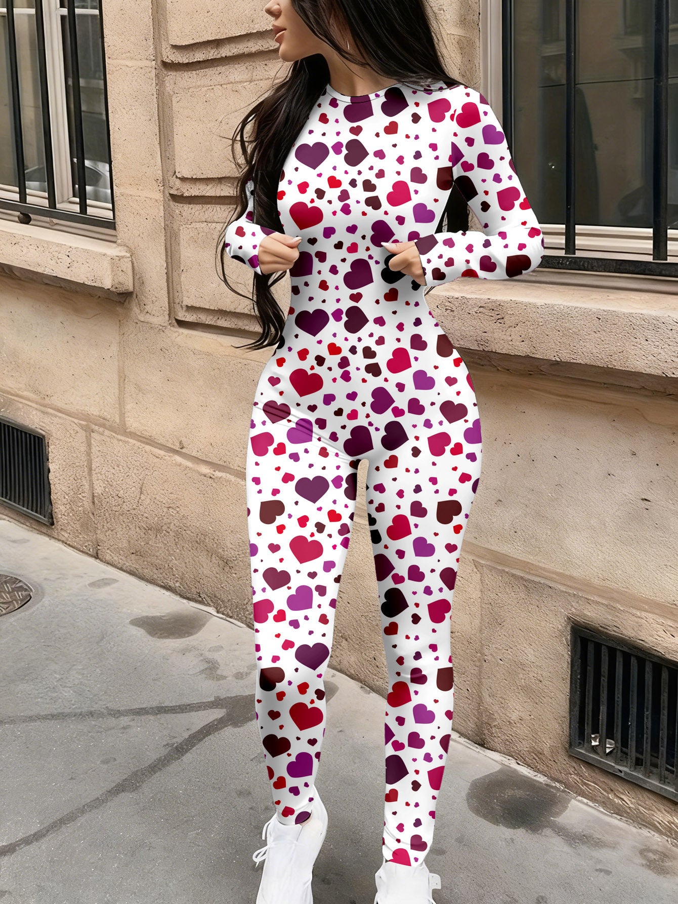 Autumn Women'S Trendy Printed Jumpsuit | Casual Fashionable Sexy Long Sleeved Tight Fitting Jumpsuit with Crew Neck, Geometric Pattern
