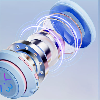 GENAI GT-630 Wireless Headset with LED Colorful Aura Lights, HiFi Stereo, Active Noise Reduction, Ultra-Long Battery Life, Low Gaming Latency, Foldable Design for Mobile Phones, Computers, Gaming, Work, Study, and Travel - Id