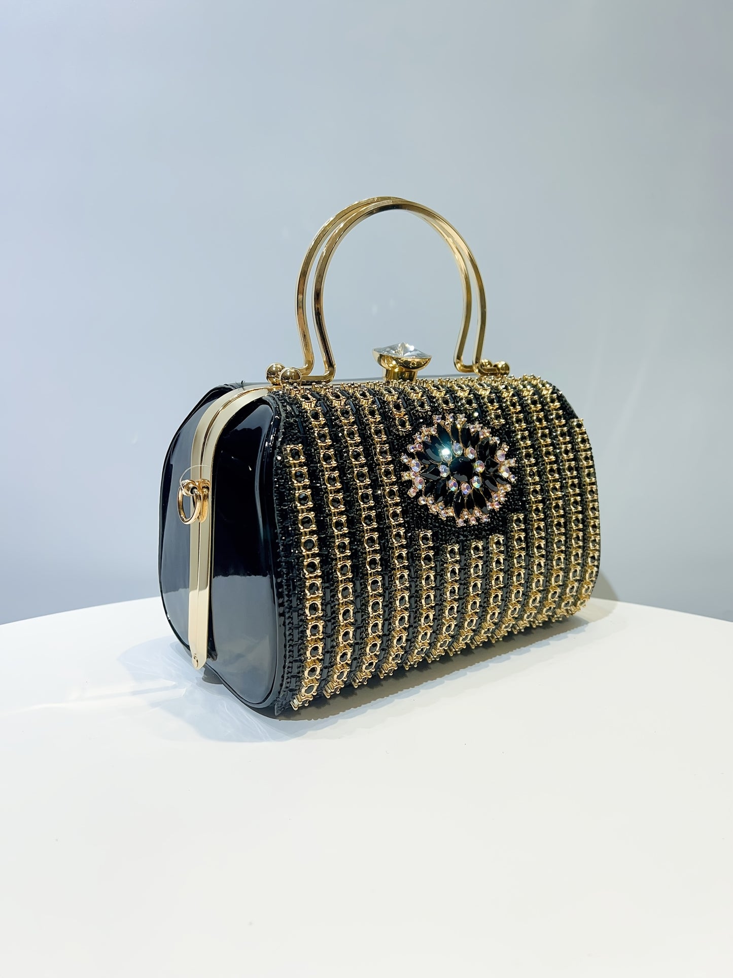 Glamorous Black & Golden Rhinestone Embellished Clutch with Detachable Strap - Sparkly Geometric Evening Bag for Parties, Banquets, and Formal Gatherings, Banquet Accessory | Polyester Construction, Party Purse
