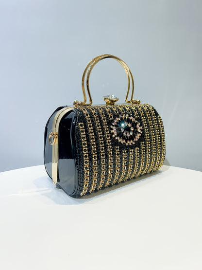 Glamorous Black & Golden Rhinestone Embellished Clutch with Detachable Strap - Sparkly Geometric Evening Bag for Parties, Banquets, and Formal Gatherings, Banquet Accessory | Polyester Construction, Party Purse