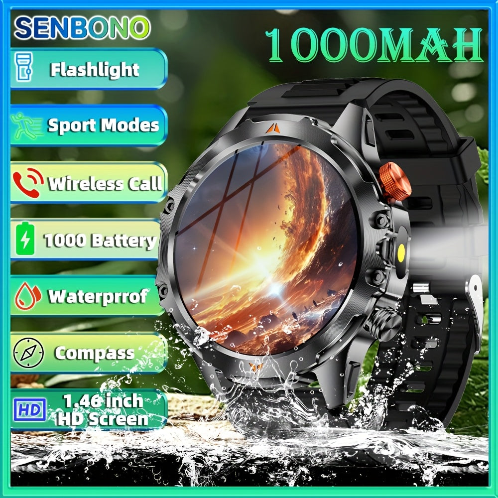 SENBONO Men‘s Smart Watch with 1000mAh Large Battery, 60Days+ Standby Time, 100+ Sports Modes, Wireless Calling, Strong LED Flashlight & Compass, 1.46inch HD Display, 360*360 Resolution, USB Rechargeable, Smart Watch for Me