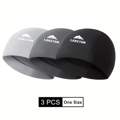 3pcs Men'S Lightweight, Breathable Running Caps - High Elastic, Quick-Dry, Moisture-Wicking for Outdoor Sports & Cycling, Black with White Logo, Sports Headgear | Modern Knit Cap | Stretchable Fabric