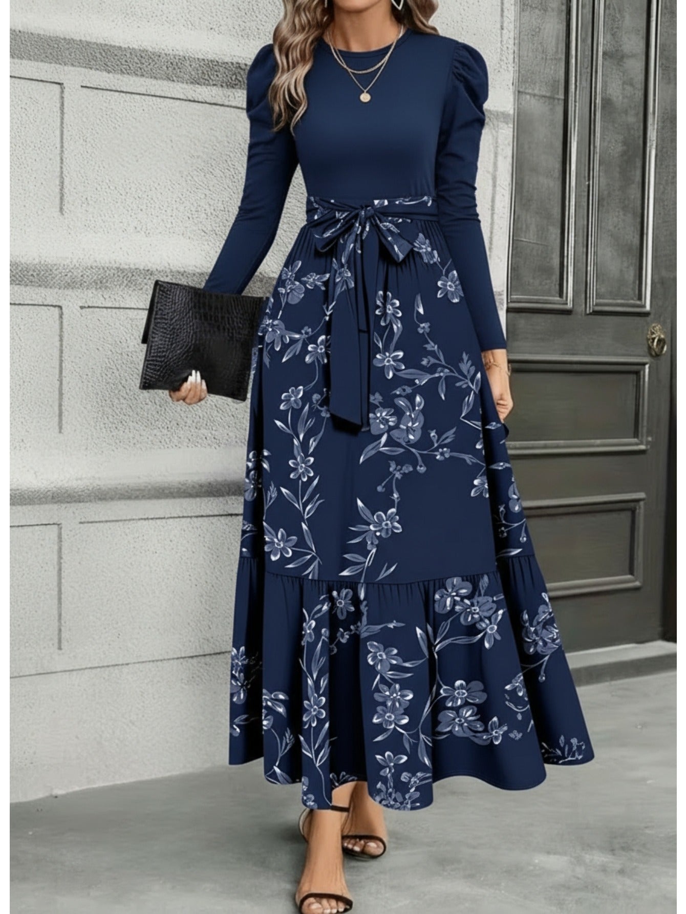 Women'S Navy Blue Floral Tie-Waist Maxi Dress | Retro Elegant Style, Suitable for Daily Streetwear, Light Social Occasions, and Chic Gatherings