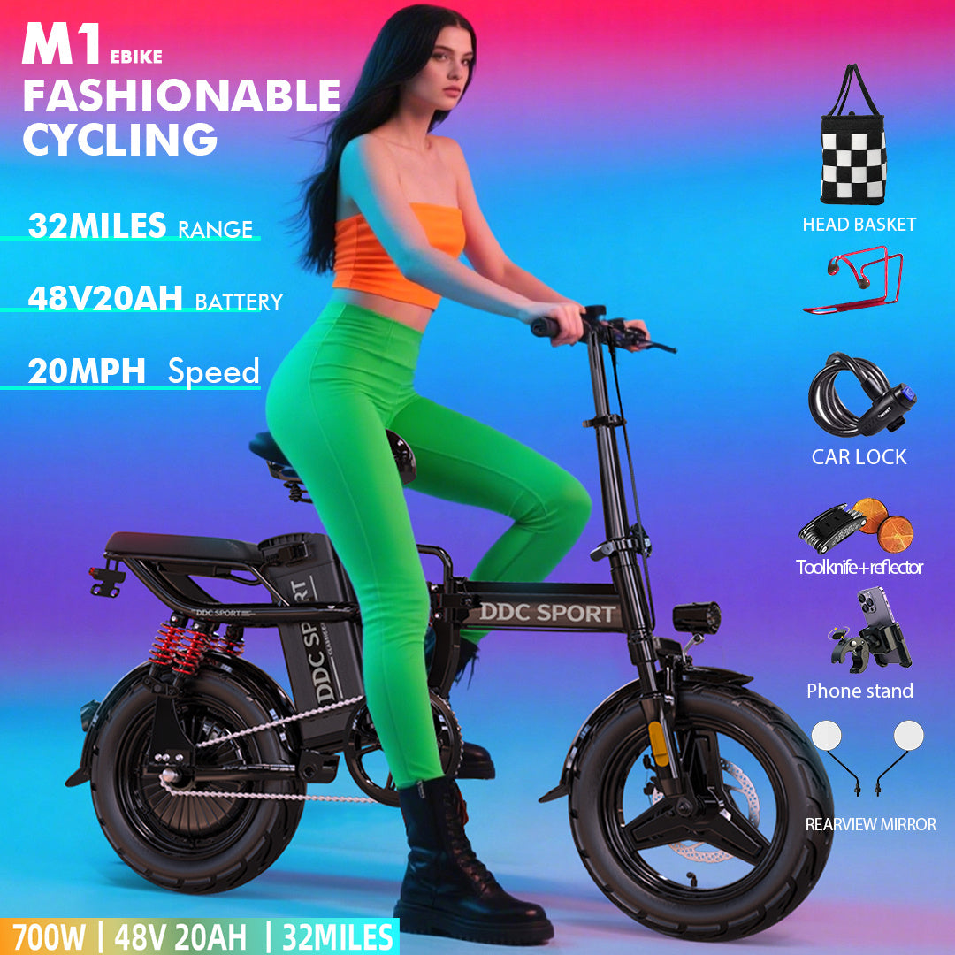 M1 Electric Bike For Adults,35 Miles Range,700W peak motor,20MPH Speed, 48V 20Ah Removable Battery, Dual Disc Brakes, Front And Rear Suspension & Commuter EBike, 14'' all-purpose tire, LCD Mileage Display,, 330lbs Capacity -