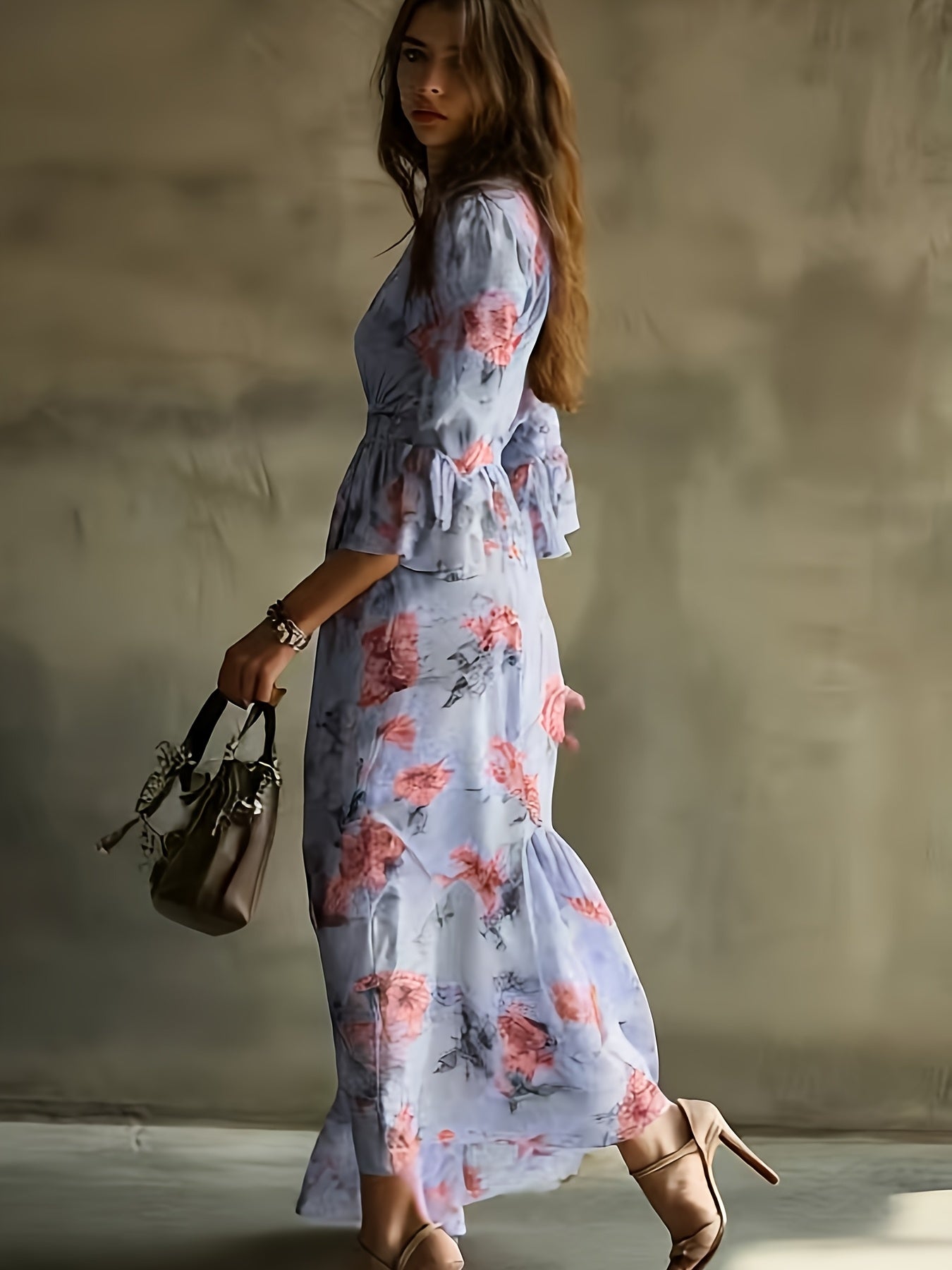 Bohemian Floral V-Neck Maxi Dress - Lightweight Chiffon Sundress Featuring a Stylish High Slit, Perfect for Festivals Or Beach Cover-Ups, with a Flowing Hem Ideal for Music Festivals And Holidays