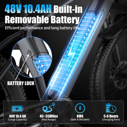 Electric Bike For Adults, 749W Motor Peak Ebike, 480Wh Removable Battery E Bike, Max 45Miles 25MPH, 26" Electric Mountain Bike, 7-Speed & Front Suspension, Electric Bicycle For Commute