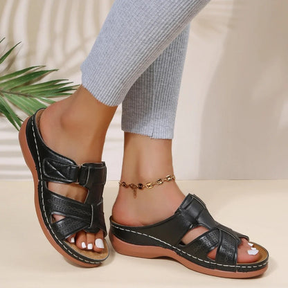Women's Solid Color Platform Sandals, Slip On Cross Straps Casual Wedge Retro Shoes, Summer Versatile & Comfy Shoes
