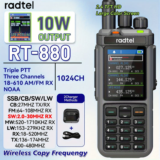 CB Radio Radtel RT-880 Ham Radio 10W Portable Long Range Walkie Talkie 1024-Channel | Cross-Band Repeater | HF/CB/SSB | 2.4 Inch Color Display | 2400mAh Type-C Charging | Includes Programming Cable & Tri-Band Antenna