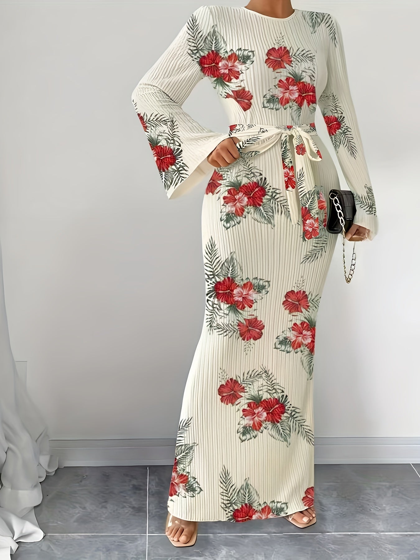 Women's Elegant Pleated Fabric Flared Long Sleeve Dress for Autumn and Winter