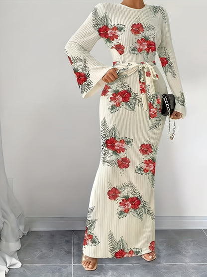 Women's Elegant Pleated Fabric Flared Long Sleeve Dress for Autumn and Winter