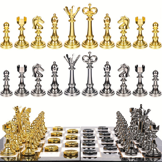 2-in-1 Metal Chess & Checkers Set with 15-Inch Portable Folding Wooden Board - Elegant Golden & Strategy Game with Storage Box, Durable Metal Pieces & Wooden Board for Adults, Travel-Friendly Chess and Checkers Game for Home,