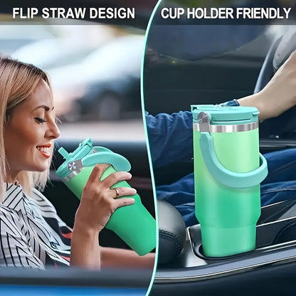 1pc 30oz Stainless Vacuum Thermos Water Bottle with Double Straws & Carry Handle - Gradient Color (Turquoise/Mint/Pastel Pink/Purple/Navy) Leakproof Large Capacity Thermos Flask for Travel, Gym,,, -, Tumbler Water Bottle, Tum