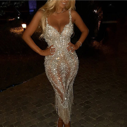 Deep V Spaghetti Strap Fringe Dress | Slim Mermaid Silhouette, Shimmering Party Gown with Contrast Mesh Details, Midi Length