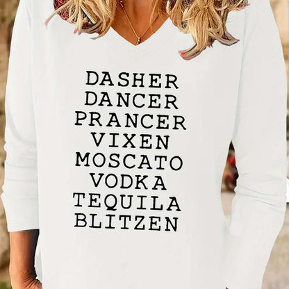 Women'S Fashionable Long Sleeve V-Neck T-Shirt with "Dasher, Dancer, Prancer, Vixen, Moscato, Blitzien" Print Design - Casual Autumn and Winter Long Sleeve Tee