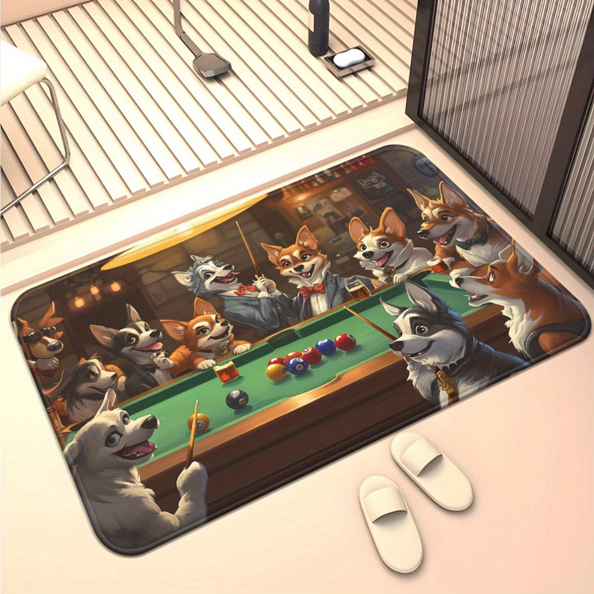 1pc Playful Dogs Playing Billiards Door Mat - Absorbent Microfiber Polyester, Machine Washable Indoor Rug for Bathroom, Bedroom, Living Room Entrance, Bathroom Floor