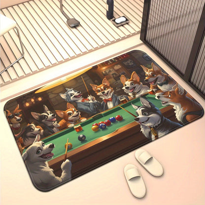 1pc Playful Dogs Playing Billiards Door Mat - Absorbent Microfiber Polyester, Machine Washable Indoor Rug for Bathroom, Bedroom, Living Room Entrance, Bathroom Floor