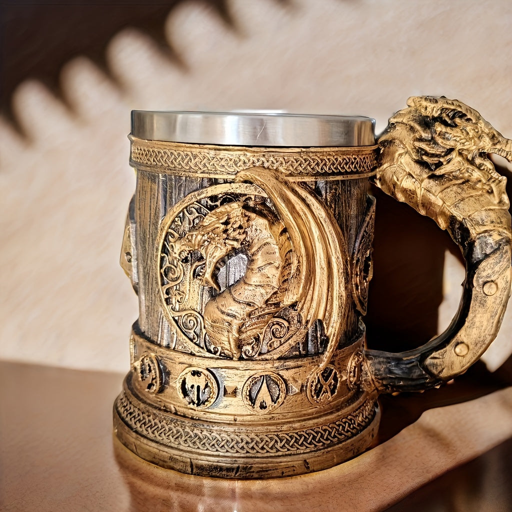 Vintage Medieval Handle Beer Mug: 600ml/20.29oz Large Capacity Stainless Steel Mug - Perfect for Summer Beverages, Coffee, or as a Men's Birthday Gift - Hand Wash Only - Resin Cup Collection