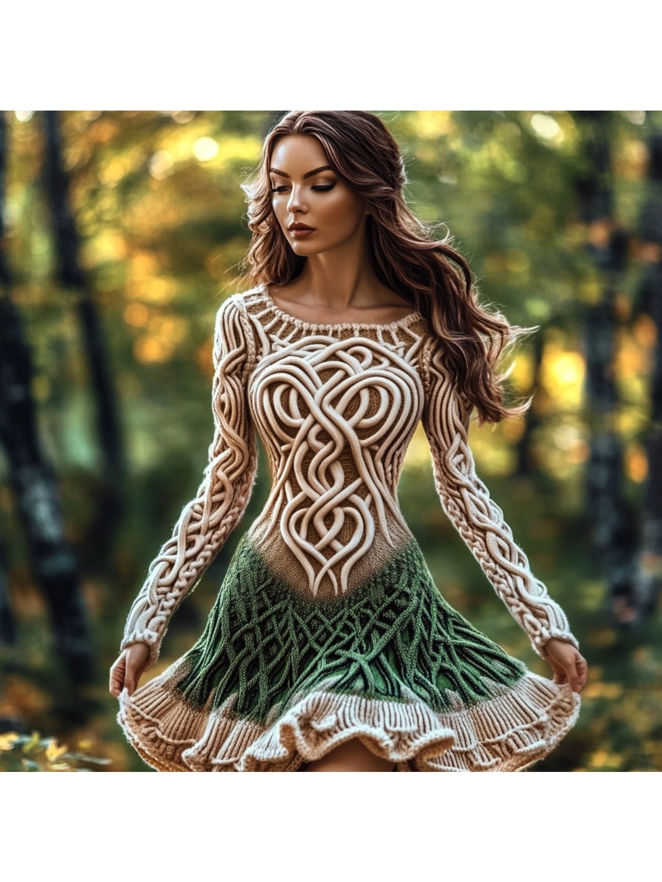 Plus Size - Autumn and Winter New Dress | Casual Versatile Temperament Fashion Slim Retro Fried Dough Twists Long Sleeve Women'S Wear, Midi Length, Slight Stretch Fabric, Lapel Collar, Weekend Casual Style.