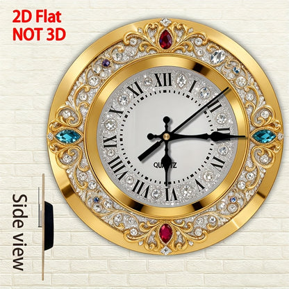 1pc 2D plane wall-mounted clock decoration, 10/12inch Golden multi-jewel crystal decorated wooden wall clock, diamond effect/pattern, no diamonds word wooden circular wall-mounted clock, wooden circular decorative clock with